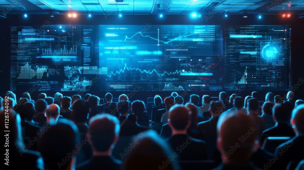 Poster audience watching data analytics presentation on large screen