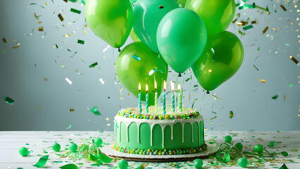 Birthday cake with green balloons and confetti on white wooden table