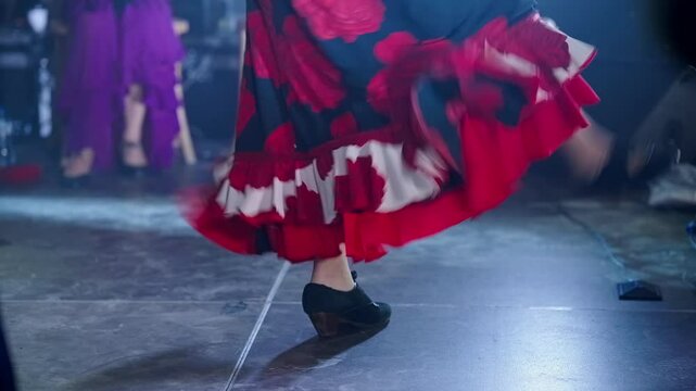 Woman wearing special dance shoes shows zapateado on stage