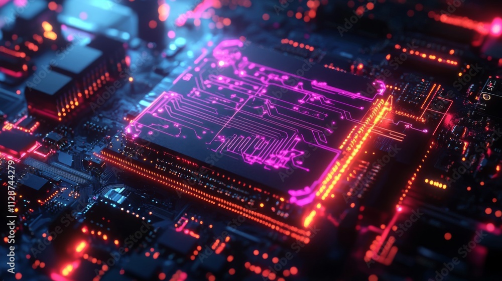 Poster glowing circuit board with a central processor