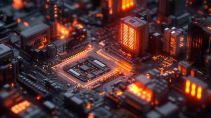 Futuristic Cityscape Rendered on a Circuit Board