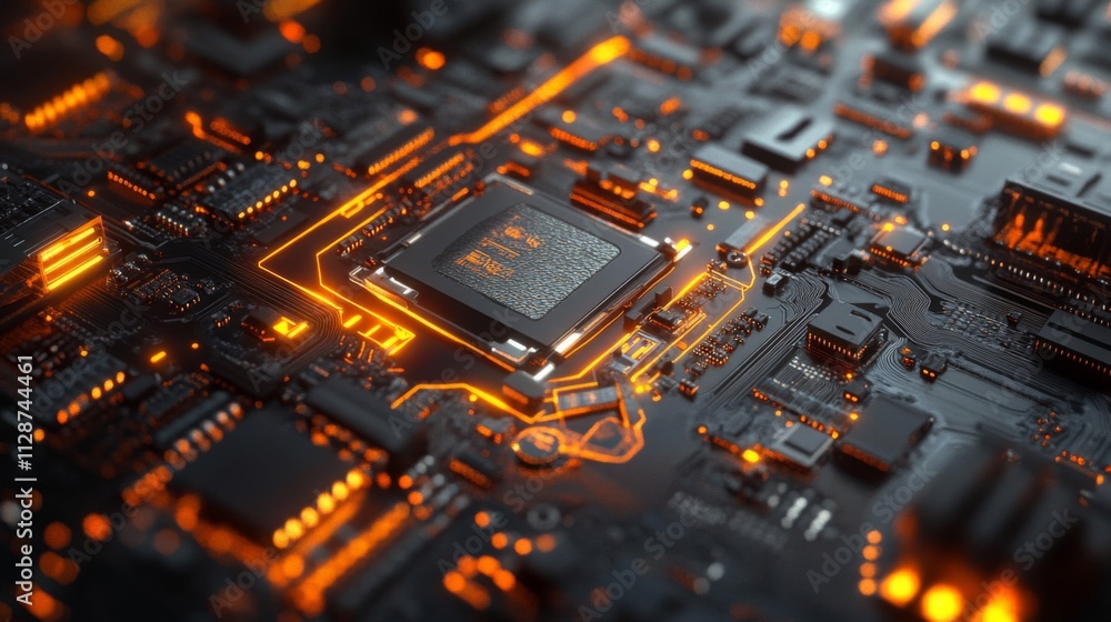 Poster close-up of a glowing computer motherboard with a central processor.