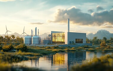 Obraz premium Sustainable hydrogen production plant using solar and wind energy, in a natural environment, promoting ecofriendly green energy solutions