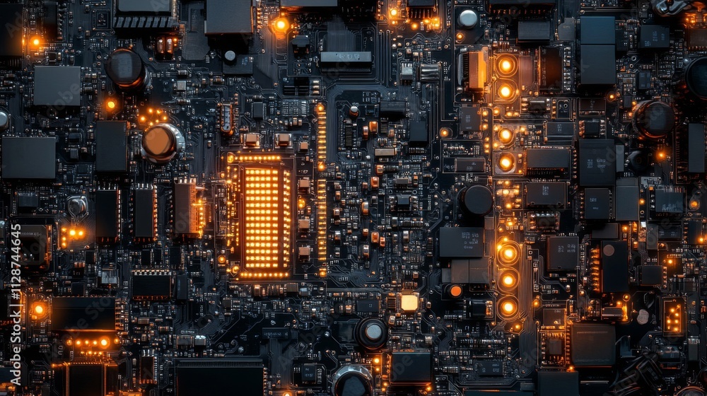 Poster close-up of an illuminated circuit board with integrated components