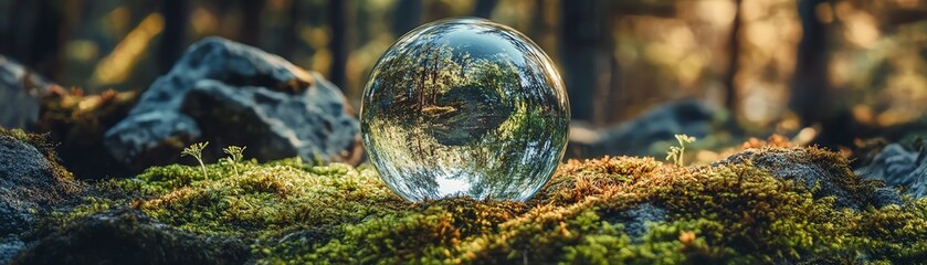 A glass globe in a green forest with moss, symbolizing Earth Day and sustainable environmental care, focusing on carbonneutral energy and emission reduction