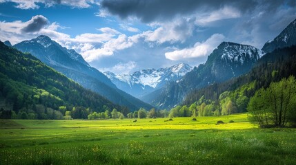 High-end photography of a serene mountain landscape with green meadows and snow-capped peaks