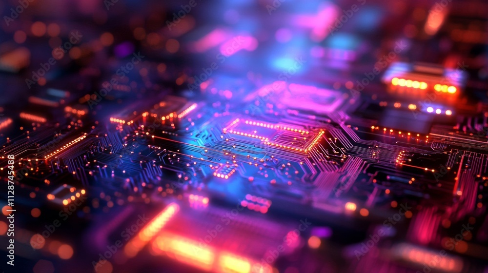 Poster close-up of a circuit board with glowing lines and a neon-like effect