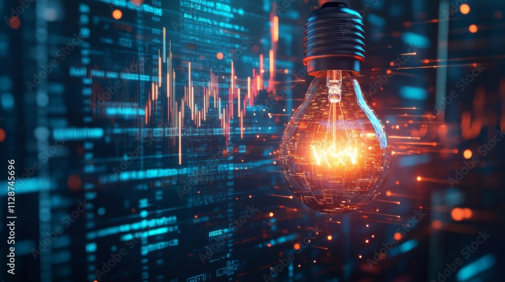 Poster glowing lightbulb with circuitry against digital background