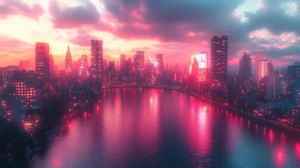 Fototapeta premium Pink sunset over futuristic city skyline reflected in water.