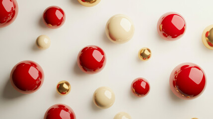 Colorful arrangement of shiny red, white, and gold spheres creating a dynamic visual pattern in a minimalist setting