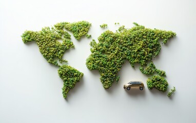 3D world map forest design, green planet Earth, isolated on white, Paris Agreement concept, electric car symbolizing ecofriendly progress