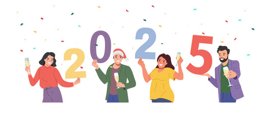 Fototapeta premium Holiday vector concept illustration in flat style. 2025 text. People hold numbers.
