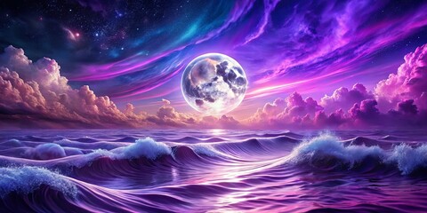 Celestial Dreamscape  A cosmic moon casts its ethereal glow on a sea of lavender waves, where vibrant clouds drift through a tapestry of stars.
