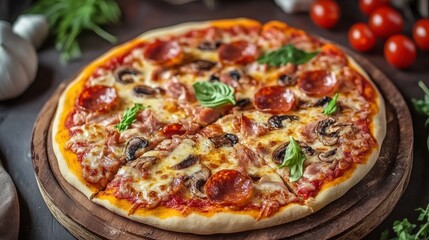 Delicious homemade pizza with pepperoni and fresh ingredients on a wooden table