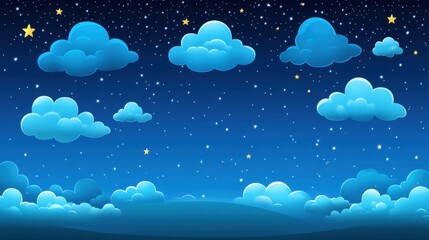 Dark blue night sky adorned with fluffy volumetric clouds, shimmering stars scattered across the serene heavens.