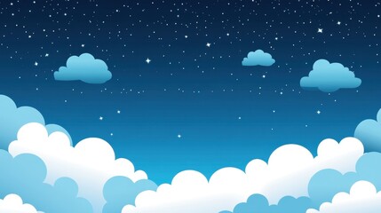 Fototapeta premium Dark blue night sky adorned with fluffy volumetric clouds, shimmering stars scattered across the serene heavens.