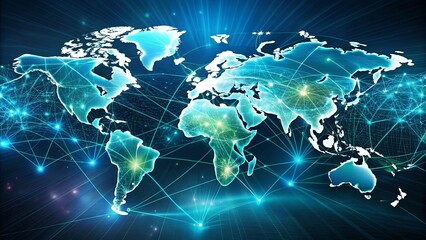 A network of interconnected lines forms a glowing digital world map against a dark background. The lines are interconnected and extend beyond the borders of the continents.