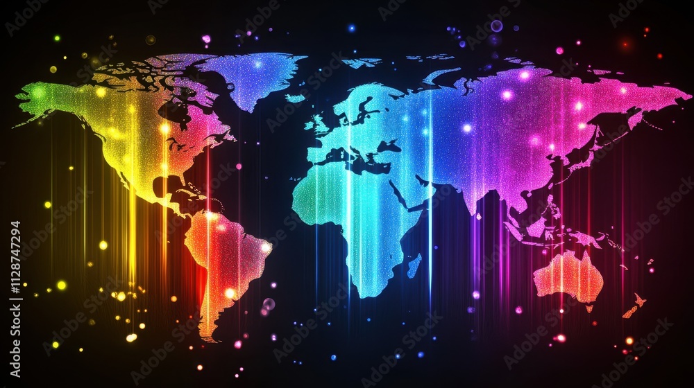 Poster digital world map overlay with dynamic light trails and geometric elements, representing internation