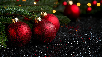 Christmas Tree with Abstract Lights and Baubles Hanging on a Red Shiny Glittering Background