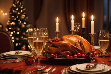 Fototapeta premium christmas decoration with candles and christmas tree,an_elegant_christmas_dinner_table_setting