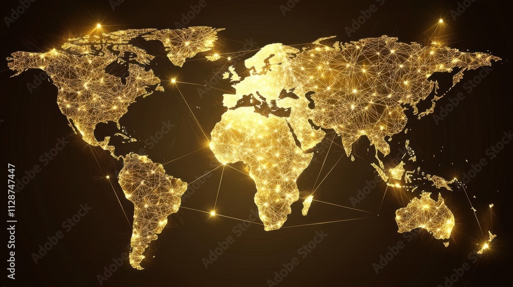 Poster digital world map overlay with dynamic light trails and geometric elements, representing internation
