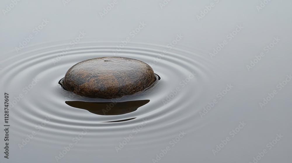 Poster dropped pebble in still water creating concentric ripples, surrounded by soft light, evoking calm an