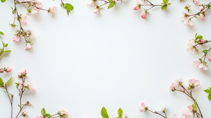 Fototapeta premium Delicate pink blossoms frame a white background