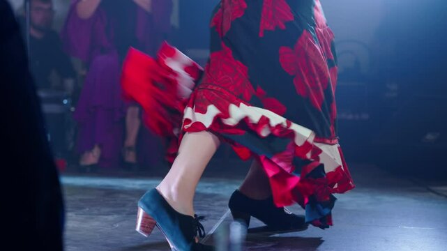 Woman in traje de flamenca with flowers dances on stage