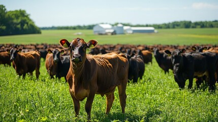 Naklejka premium Brown Cow in a Pasture with Other Cows in the Background