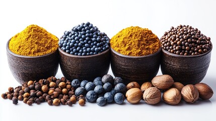 Four small dark brown bowls of different spices and herbs against a white background.