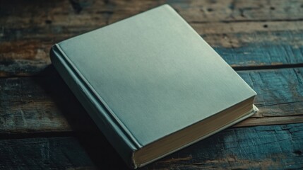 Fototapeta premium Elegant blank book cover ready for creative ideas, resting on wood, highlighted by a subtle blurred blue gradient backdrop