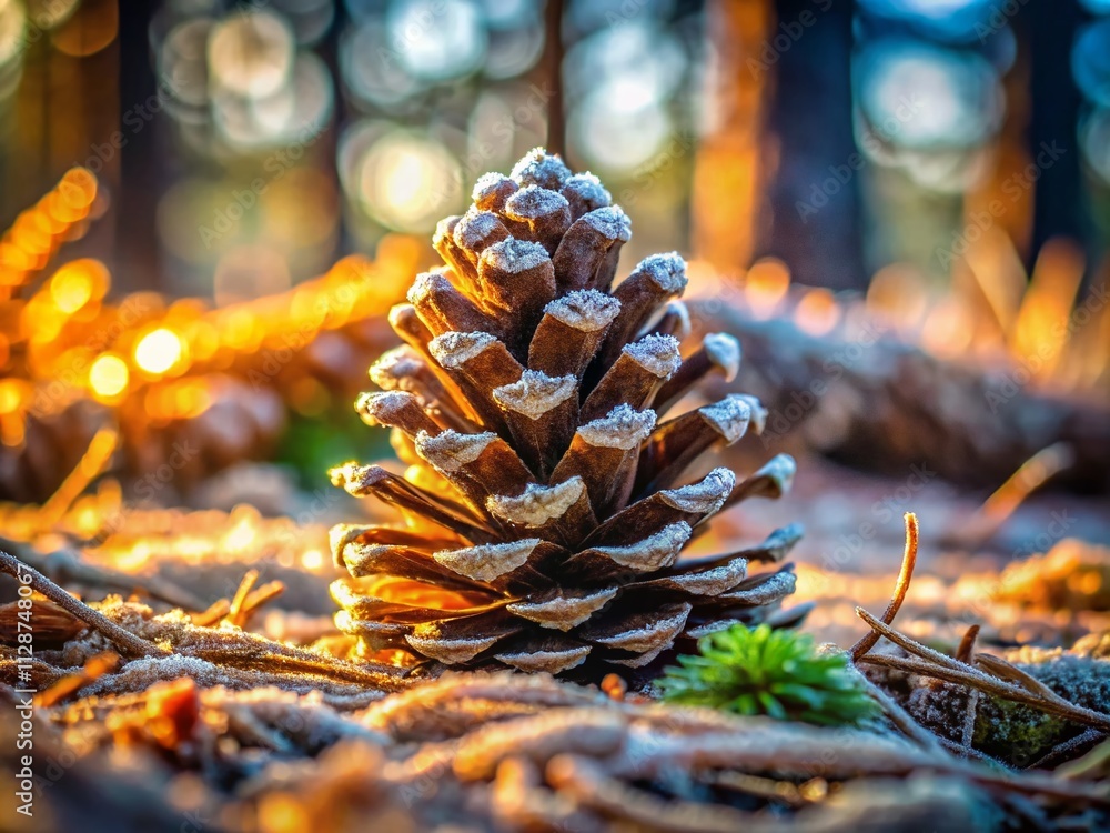 Poster captivating macro shot of a frost-covered pinecone on forest floor with morning light filtering thro