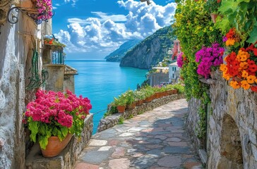Fototapeta premium Beautiful sea view in Santorini, Greece. Houses with flowers on the walls and terraces, a stone walkway, colorful and sunny day, blue sky