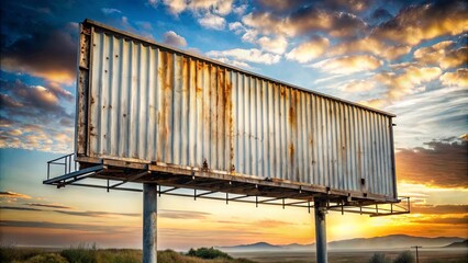 Obraz premium A weathered billboard stands tall against a backdrop of vibrant twilight skies, its blank canvas inviting the viewer to envision the messages that could be displayed.