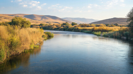 Fototapeta premium Calm river flows through rolling hills under a clear sky in a serene rural landscape