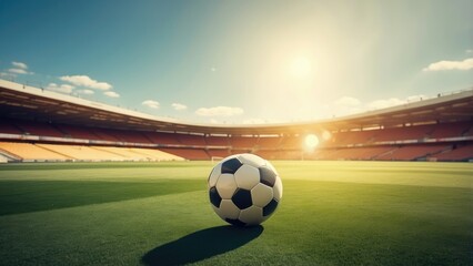Naklejka premium A panoramic view of a soccer field bathed in sunlight,