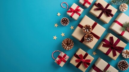 A Christmas banner with small gift boxes tied with velvet ribbons on a turquoise background.