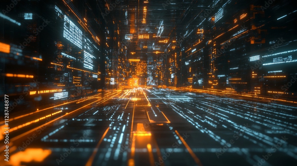 Poster a futuristic digital cityscape with glowing lines and code