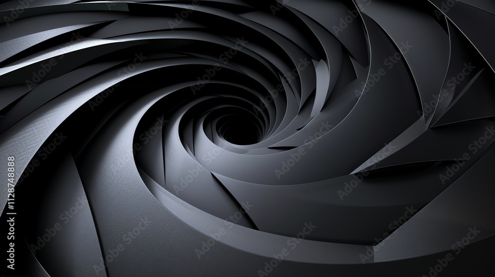 Poster an abstract, 3d rendered design with a black and gray swirling pattern that resembles a vortex.
