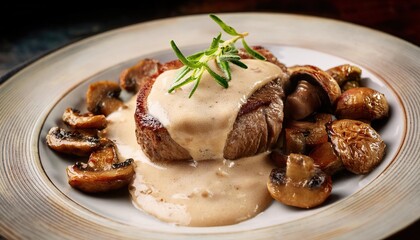 A delectable pan-seared steak, generously topped with creamy mushroom sauce and served alongside mushroom