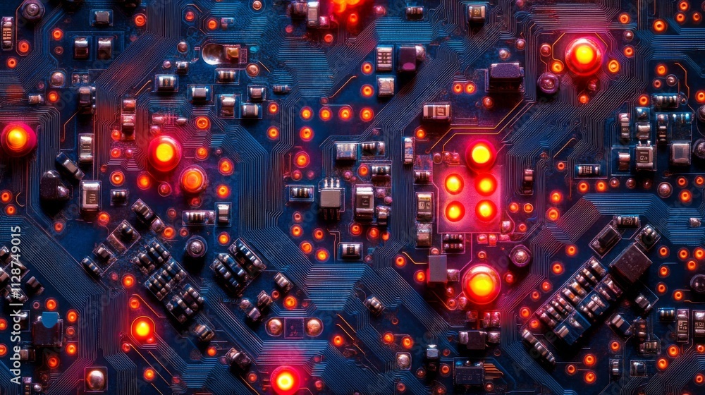 Poster close-up of a circuit board with illuminated components