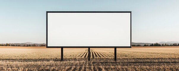 Blank billboard in an open field against a clear sky, ideal for advertising or creative projects.