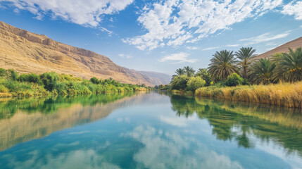 Serene river flowing through lush greenery and mountains under a bright blue sky in a tranquil landscape