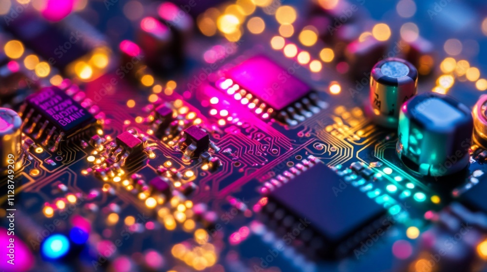 Poster close-up of a circuit board with illuminated components