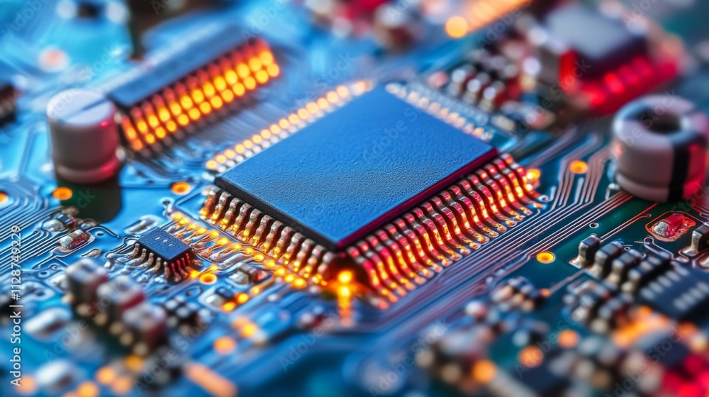 Poster close-up of a microchip on a circuit board with glowing connections