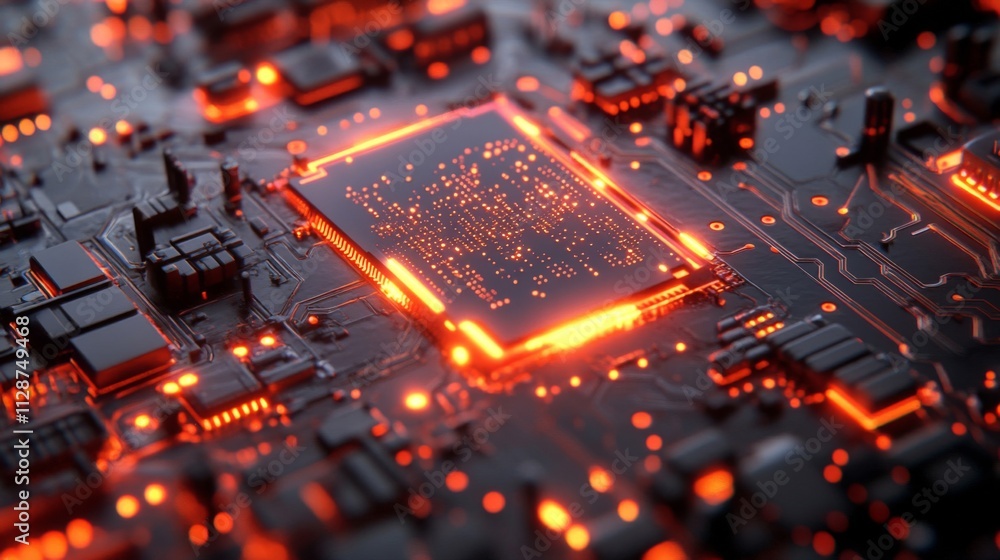 Poster close-up of a glowing microprocessor on a circuit board