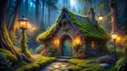 A whimsical stone cottage nestled amidst a verdant forest, bathed in the soft glow of lanterns, inviting exploration and a sense of wonder.