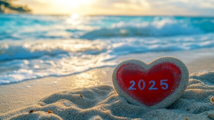 Fototapeta premium Sign 2025 on a beach sand and red heart Love and peace theme