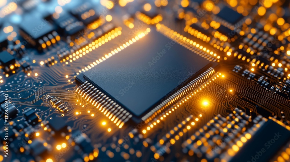 Poster close-up of a processor chip on a circuit board with glowing lights
