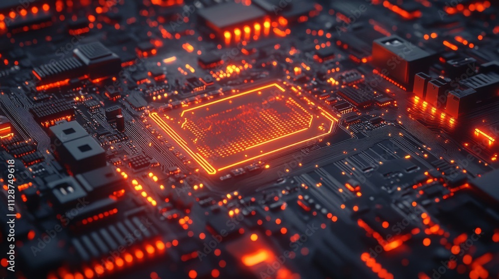Poster close-up of a lit up computer motherboard with a glowing chip.